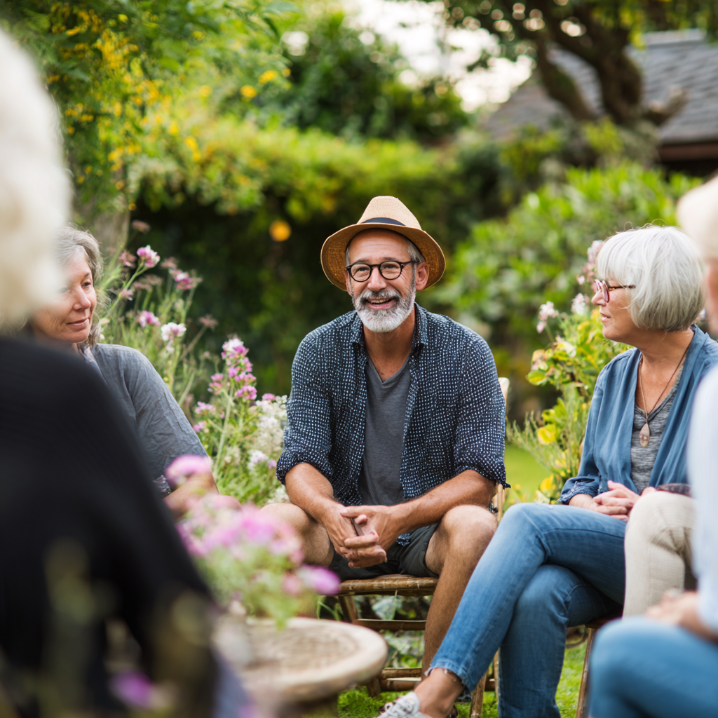 Middle-aged adults in peaceful garden setting discussing natural health approaches