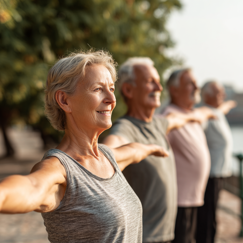 Older adults doing gentle stretching exercises outdoors for circulation and mobility